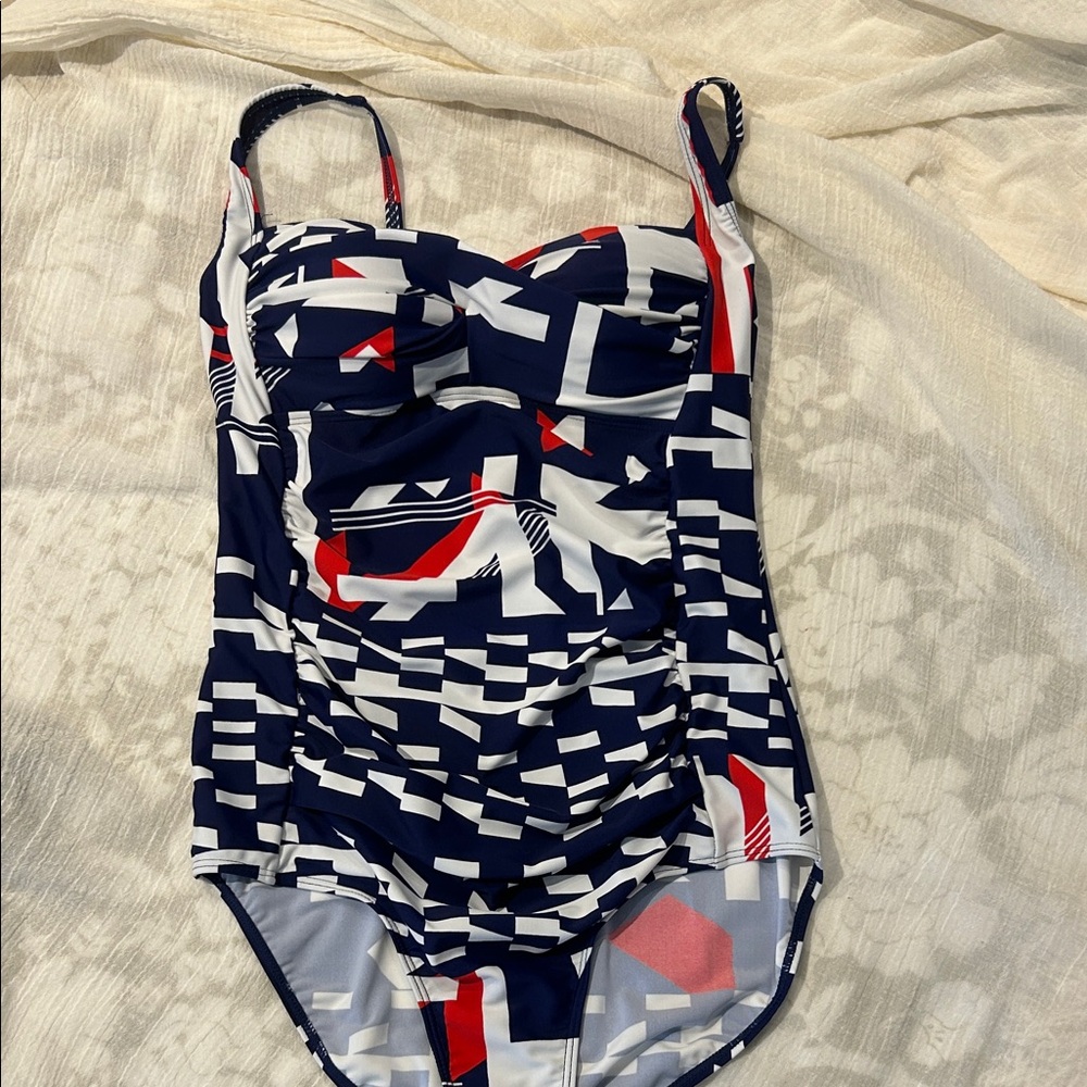 Chic Navy and Red Geometric Women's Swim One Piece